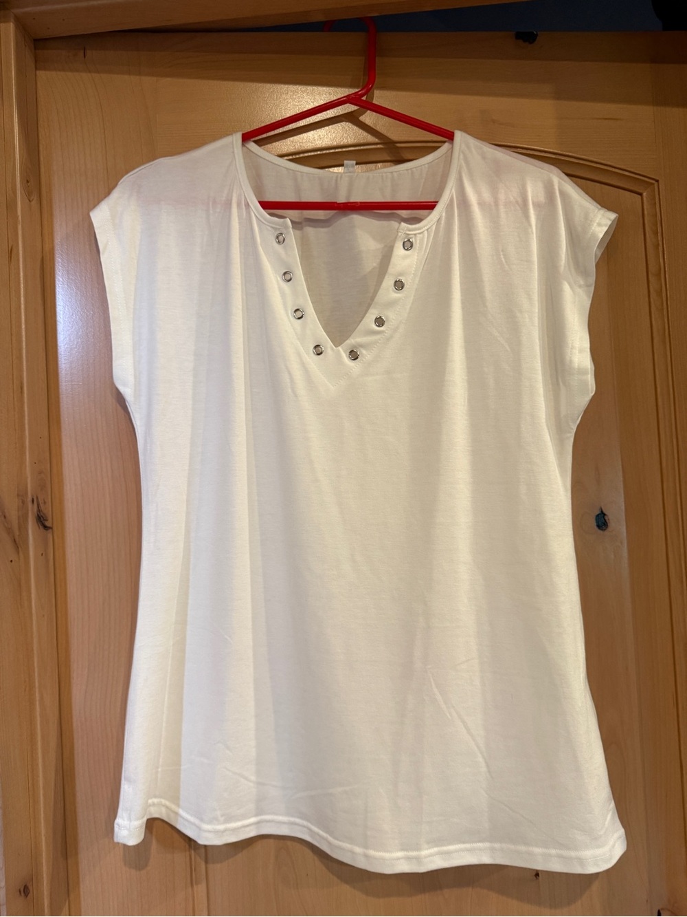 Women’s White V-Neck Cap Sleeve Top with Stud Detail